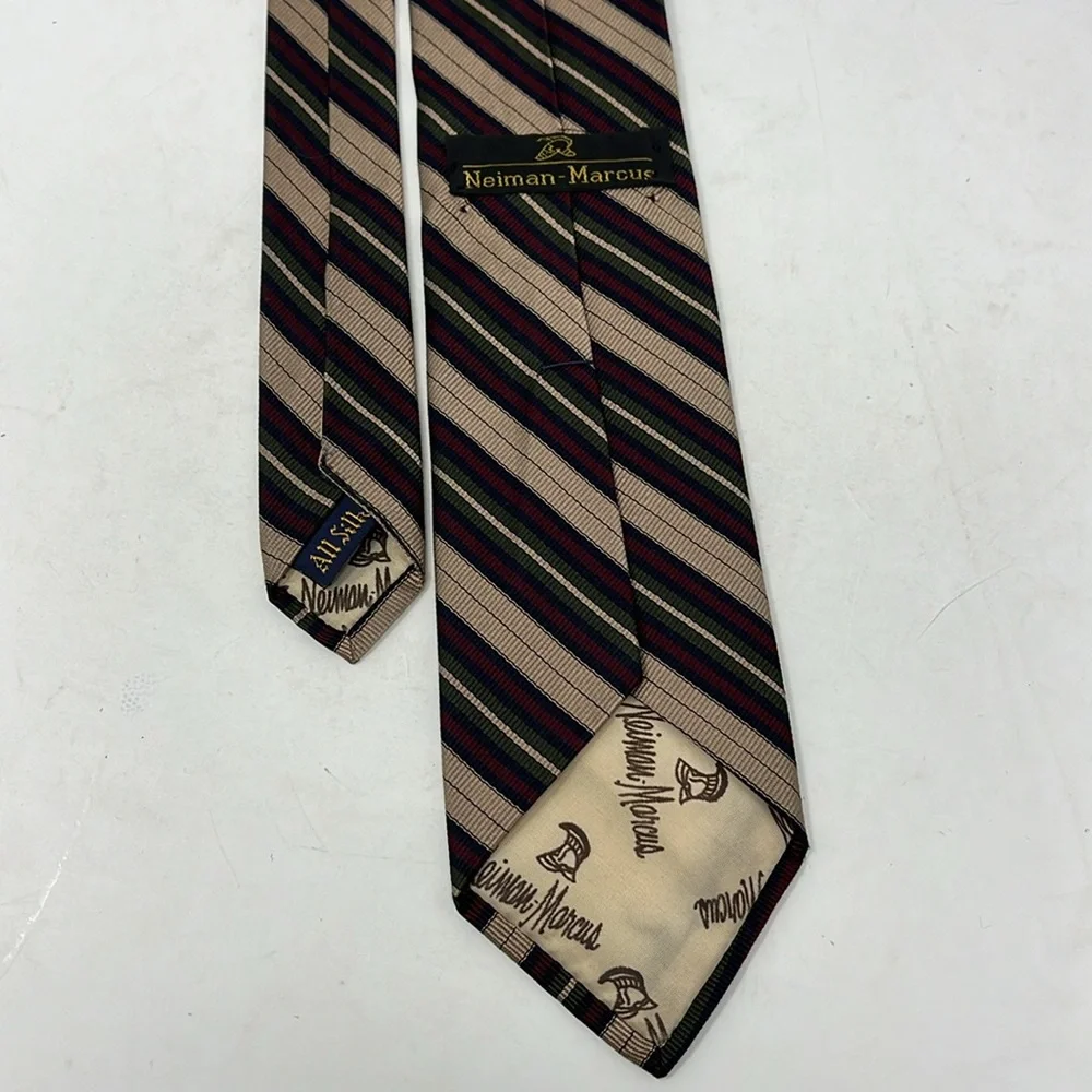 VINTAGE NEIMAN MARCUS 100% SILK TIE STRIPE BURGUNDY BLUE GREEN TAN